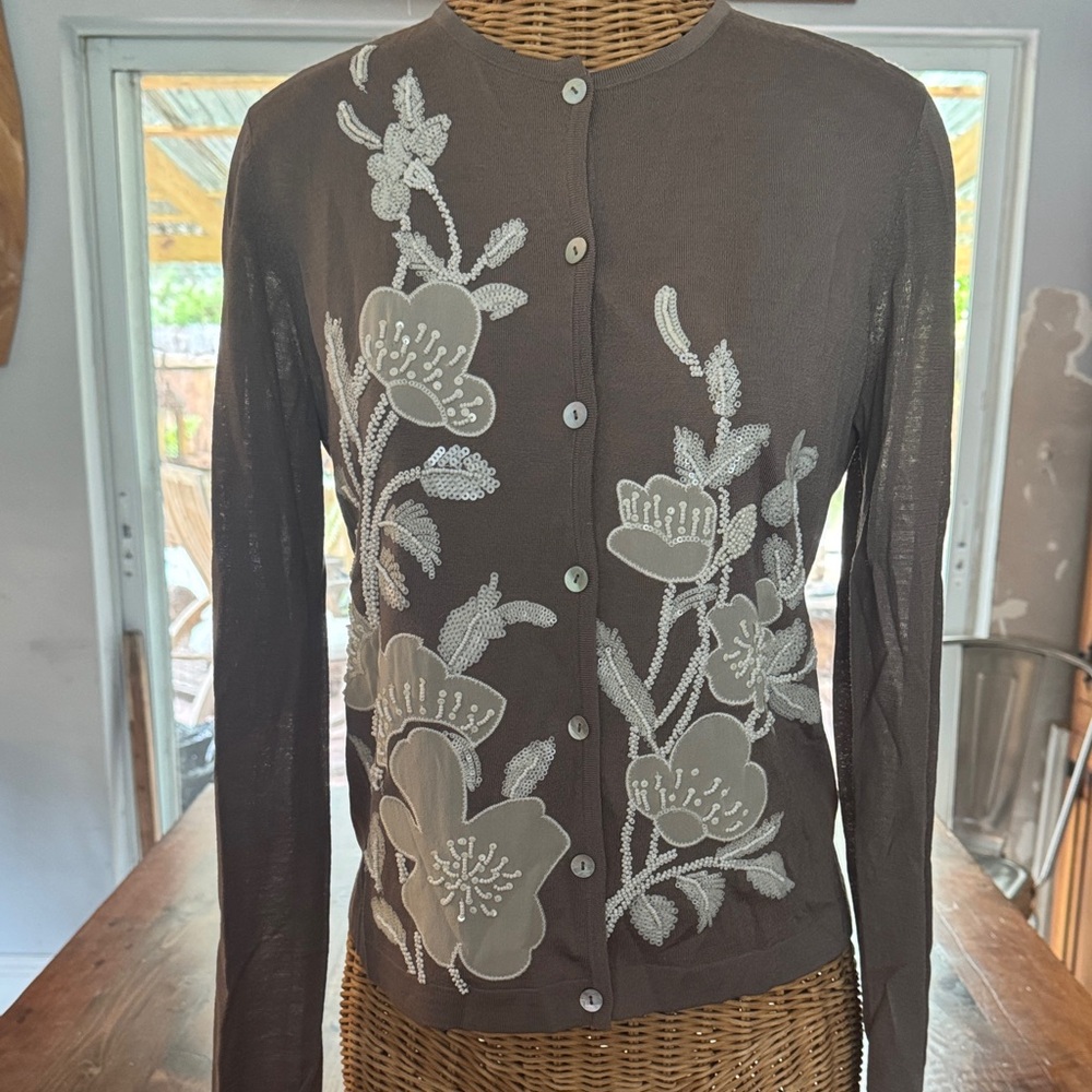 St. John Couture Brown Floral Embroidered Cardigan